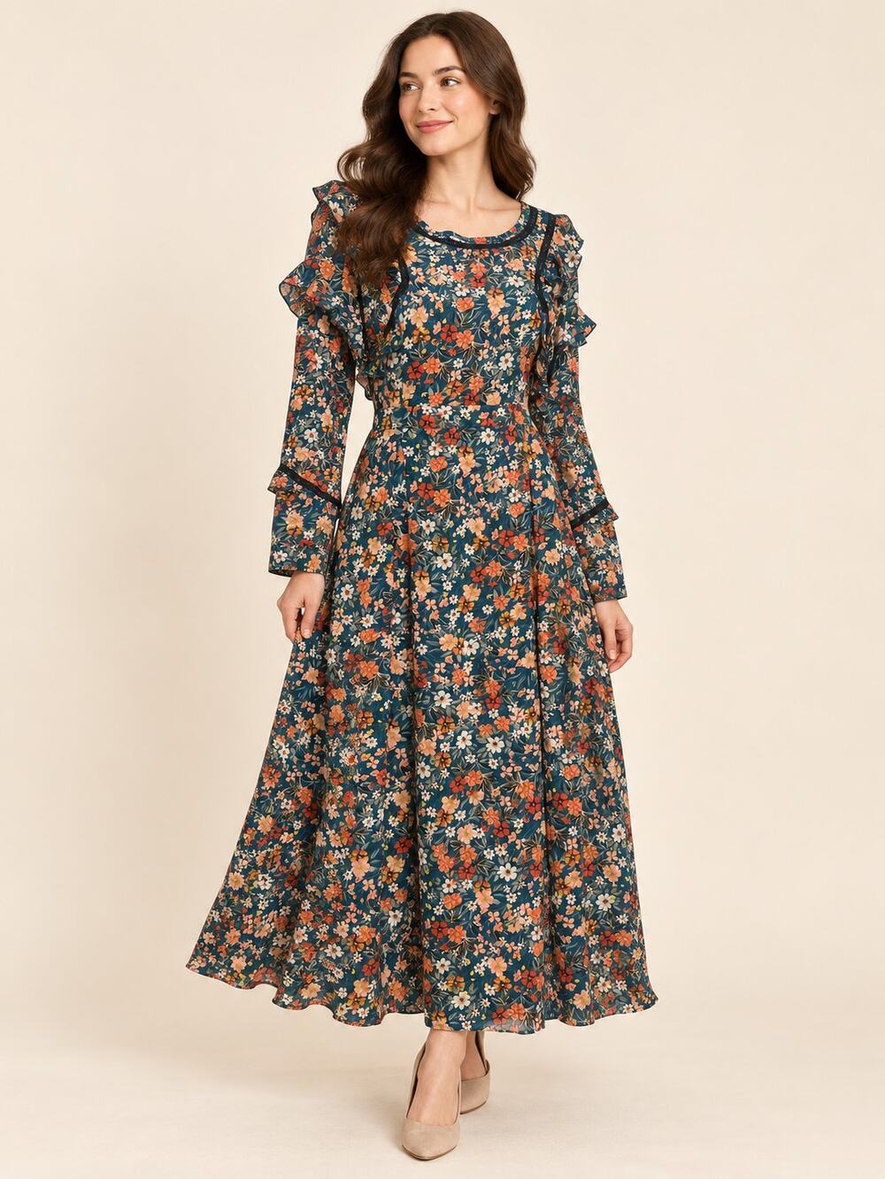 Ivy City Co Teal Floral Ruffle Midi Dress Long Sleeve Lace Trim Modest Fall M